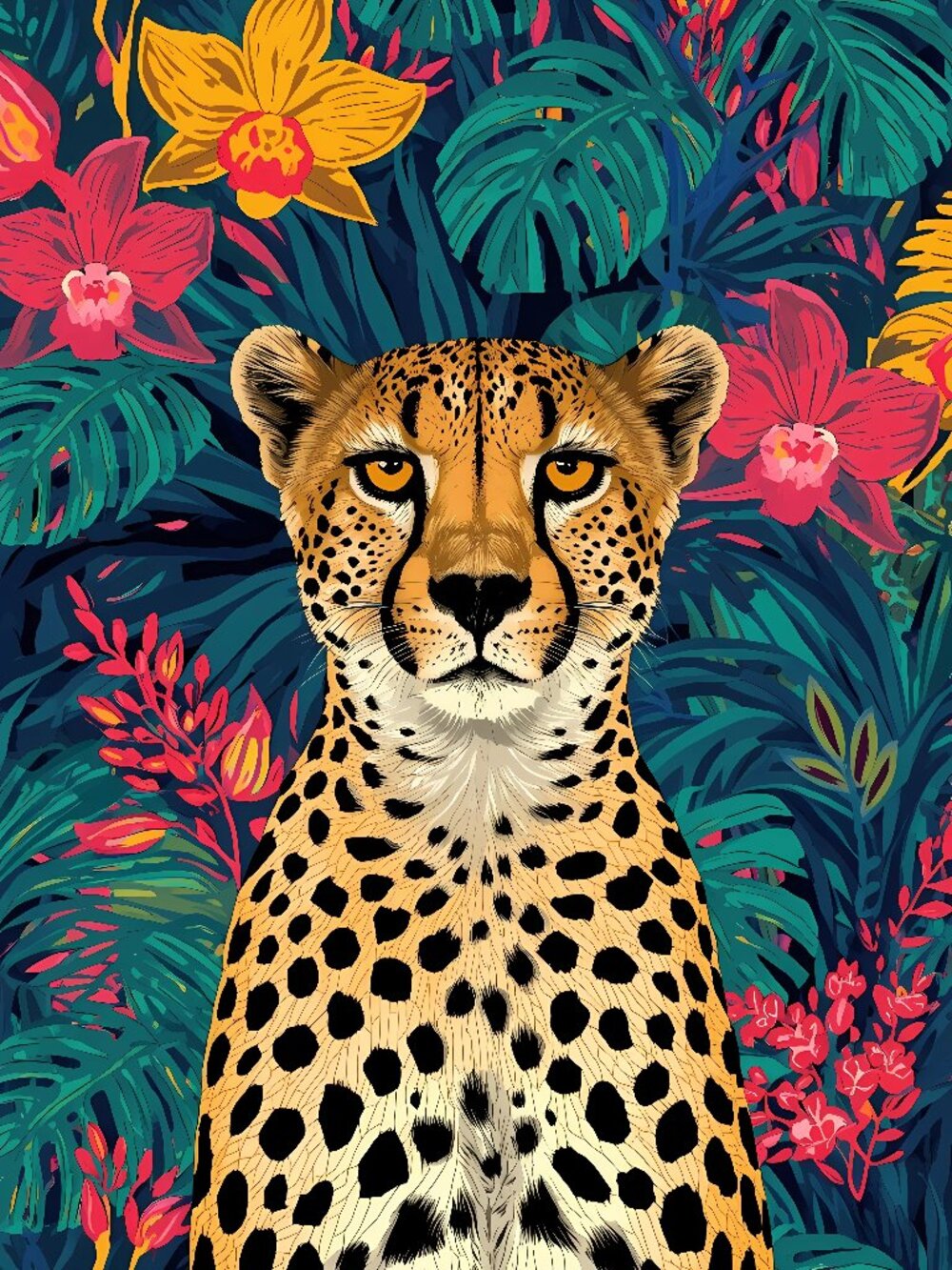 Colorful Leopard / Cheetah Jungle Floral Art Poster Print